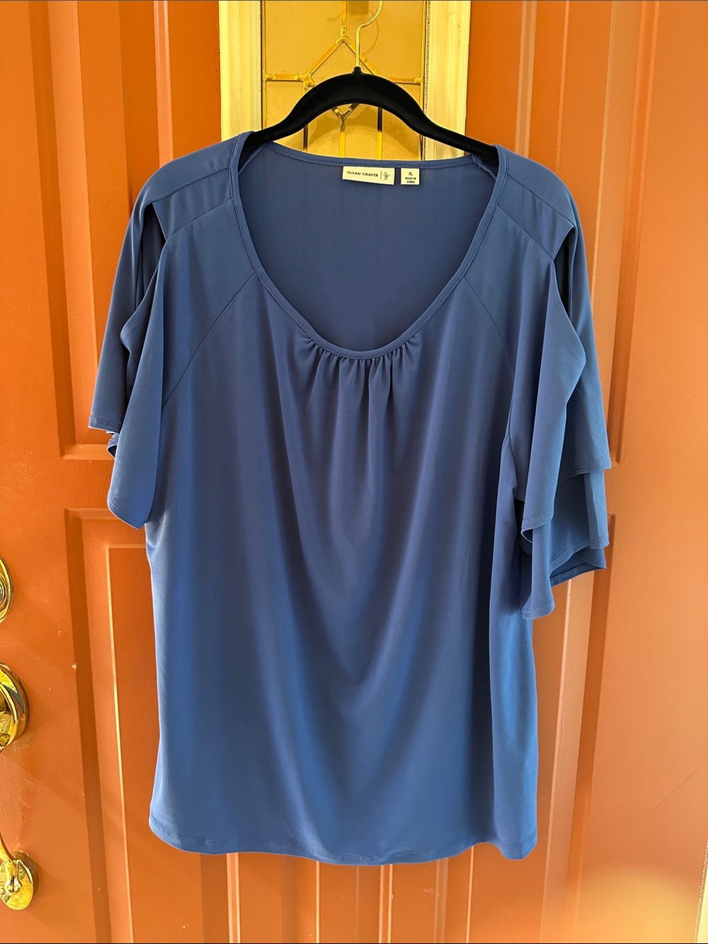 Susan Graver Blue Scoop NeckCold Shoulder Flutter Sleeve Top